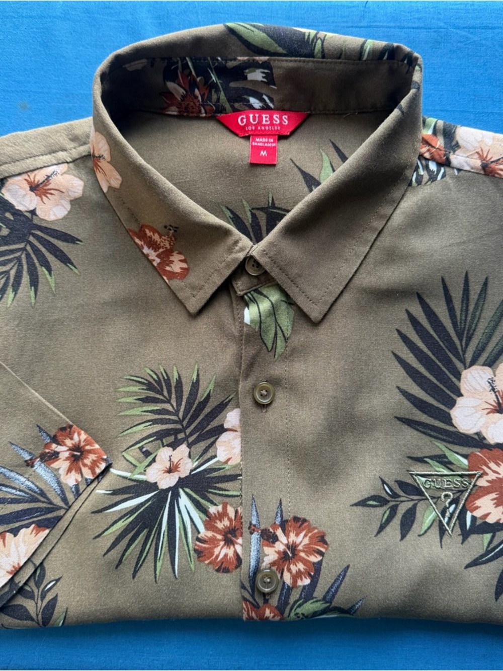 GUESS Olive Green Floral Short-Sleeve Button-Down Shirt
